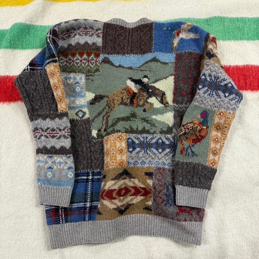 Vintage Lauren Ralph Lauren Equestrian Patchwork Wool Sweater L FLAW 90s - Picture 5 of 5